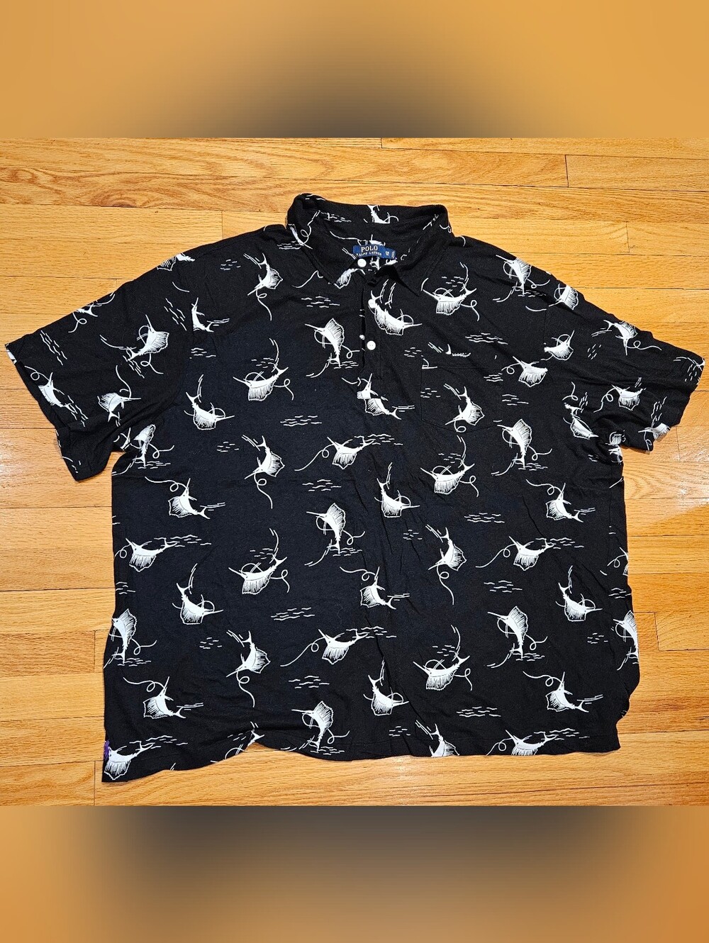 POLO RALPH LAUREN Black & White SWORDFISH Vintage Linen Cotton Shirt Sz 3XB